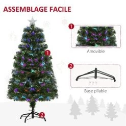 HOMCOM Sapin De Noël Artificiel Lumineux Fibre Optique LED Multicolore + Support Pied Ø 66 X 120H Cm 130 Branches étoile Sommet Brillante Vert - Vert