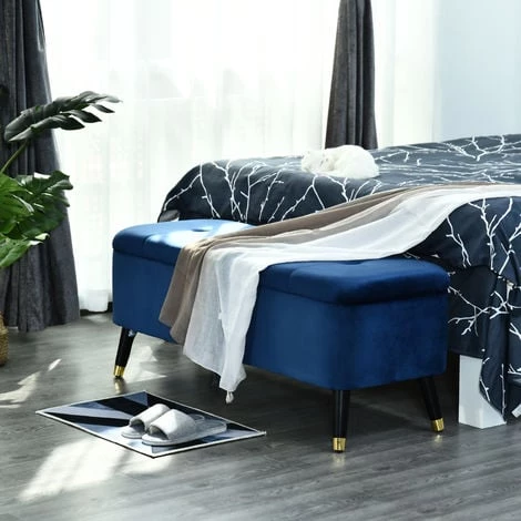 HOMCOM Banc Coffre De Rangement 2 En 1 Dim. 117L X 44l X 50H Cm Velours Capitonné - Bleu 4 HOMCOM Banc Coffre De Rangement 2 En 1 Dim. 117L X 44l X 50H Cm Velours Capitonné - Bleu – Image 2