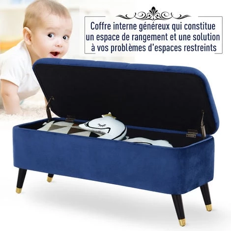 HOMCOM Banc Coffre De Rangement 2 En 1 Dim. 117L X 44l X 50H Cm Velours Capitonné - Bleu 6 HOMCOM Banc Coffre De Rangement 2 En 1 Dim. 117L X 44l X 50H Cm Velours Capitonné - Bleu – Image 4