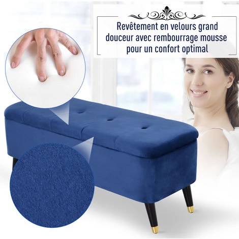 HOMCOM Banc Coffre De Rangement 2 En 1 Dim. 117L X 44l X 50H Cm Velours Capitonné - Bleu 7 HOMCOM Banc Coffre De Rangement 2 En 1 Dim. 117L X 44l X 50H Cm Velours Capitonné - Bleu – Image 5