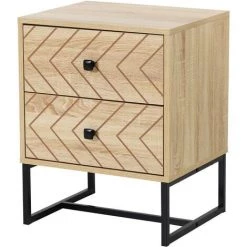 HOMCOM Table De Chevet Table De Nuit Style Graphique 48L X 39,5l X 60H Cm 2 Tiroirs Métal Noir Panneaux Particules MDF Imitation Bois Clair - Beige