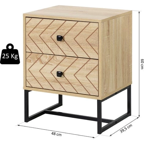HOMCOM Table De Chevet Table De Nuit Style Graphique 48L X 39,5l X 60H Cm 2 Tiroirs Métal Noir Panneaux Particules MDF Imitation Bois Clair - Beige 5 HOMCOM Table De Chevet Table De Nuit Style Graphique 48L X 39,5l X 60H Cm 2 Tiroirs Métal Noir Panneaux Particules MDF Imitation Bois Clair - Beige – Image 3