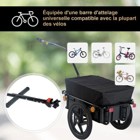 HOMCOM Remorque Vélo Remorque De Transport Pour Vélo 144L X 59l X 80H Cm Barre D'attelage Universelle Acier Noir 6 HOMCOM Remorque Vélo Remorque De Transport Pour Vélo 144L X 59l X 80H Cm Barre D'attelage Universelle Acier Noir – Image 4