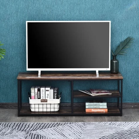 HOMCOM Meuble TV Design Industriel Dim. 120L X 40l X 45H Cm Grand Plateau 2 étagères Panneaux Particules Coloris Boisé Métal Noir - Marron 4 HOMCOM Meuble TV Design Industriel Dim. 120L X 40l X 45H Cm Grand Plateau 2 étagères Panneaux Particules Coloris Boisé Métal Noir - Marron – Image 2