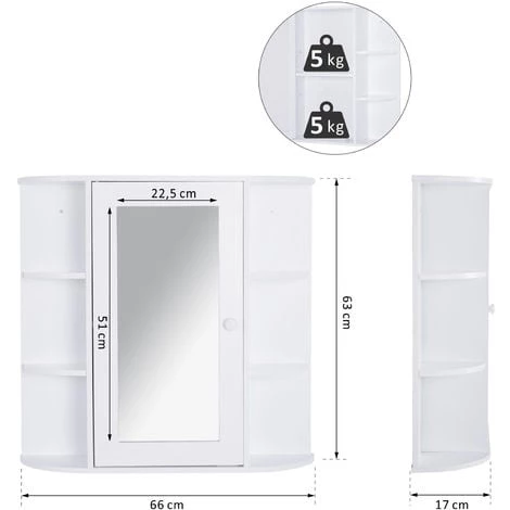 HOMCOM Armoire Murale Salle De Bain Armoire à Glace Placard De Rangement Toilettes 1 Porte + étagères Latérales MDF Blanc - Blanc 5 HOMCOM Armoire Murale Salle De Bain Armoire à Glace Placard De Rangement Toilettes 1 Porte + étagères Latérales MDF Blanc - Blanc – Image 3
