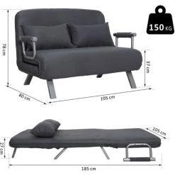 HOMCOM Canapé-lit Canapé Convertible 2 Places Déhoussable Grand Confort 2 Coussins Fournis Pieds Accoudoirs Métal Suède Gris Foncé - Gris Foncé -France HOMCOM Soldes 2022 16794529 3