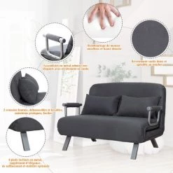 HOMCOM Canapé-lit Canapé Convertible 2 Places Déhoussable Grand Confort 2 Coussins Fournis Pieds Accoudoirs Métal Suède Gris Foncé - Gris Foncé -France HOMCOM Soldes 2022 16794529 5