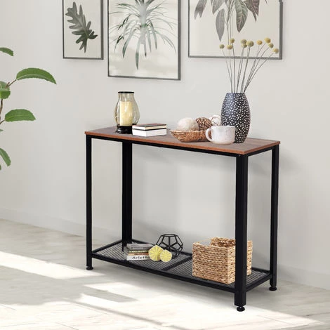 HOMCOM Console Table D'appoint Vintage Style Industriel Dim. 101L X 35l X 80H Cm étagère Métal Noir Panneaux Particules Imitation Bois - Marron 4 HOMCOM Console Table D'appoint Vintage Style Industriel Dim. 101L X 35l X 80H Cm étagère Métal Noir Panneaux Particules Imitation Bois - Marron – Image 2