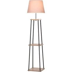 HOMCOM Lampadaire Design Contemporain Dim. 40L X 40l X 160H Cm 40 W Max. 3 étagères Intégrées Bois Massif Caoutchouc Métal Noir Lin Beige - Beige