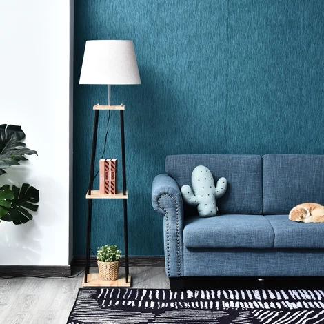 HOMCOM Lampadaire Design Contemporain Dim. 40L X 40l X 160H Cm 40 W Max. 3 étagères Intégrées Bois Massif Caoutchouc Métal Noir Lin Beige - Beige 4 HOMCOM Lampadaire Design Contemporain Dim. 40L X 40l X 160H Cm 40 W Max. 3 étagères Intégrées Bois Massif Caoutchouc Métal Noir Lin Beige - Beige – Image 2