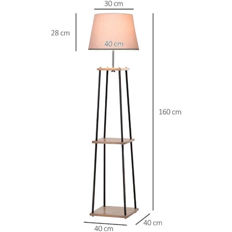 HOMCOM Lampadaire Design Contemporain Dim. 40L X 40l X 160H Cm 40 W Max. 3 étagères Intégrées Bois Massif Caoutchouc Métal Noir Lin Beige - Beige 5 HOMCOM Lampadaire Design Contemporain Dim. 40L X 40l X 160H Cm 40 W Max. 3 étagères Intégrées Bois Massif Caoutchouc Métal Noir Lin Beige - Beige – Image 3