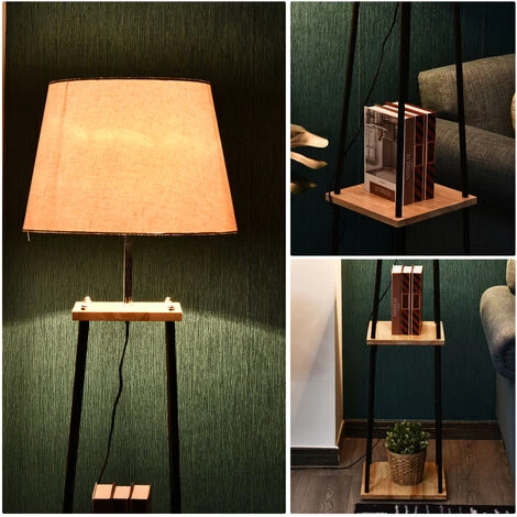 HOMCOM Lampadaire Design Contemporain Dim. 40L X 40l X 160H Cm 40 W Max. 3 étagères Intégrées Bois Massif Caoutchouc Métal Noir Lin Beige - Beige 7 HOMCOM Lampadaire Design Contemporain Dim. 40L X 40l X 160H Cm 40 W Max. 3 étagères Intégrées Bois Massif Caoutchouc Métal Noir Lin Beige - Beige – Image 5