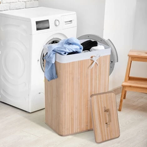 HOMCOM Panier à Linge Corbeille à Linge Bac à Linge Bambou Pliable Couvercle Sac Amovible 3 Poignées PU 40L X 30l X 60H Cm Beige 4 HOMCOM Panier à Linge Corbeille à Linge Bac à Linge Bambou Pliable Couvercle Sac Amovible 3 Poignées PU 40L X 30l X 60H Cm Beige – Image 2