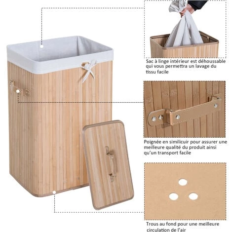 HOMCOM Panier à Linge Corbeille à Linge Bac à Linge Bambou Pliable Couvercle Sac Amovible 3 Poignées PU 40L X 30l X 60H Cm Beige 6 HOMCOM Panier à Linge Corbeille à Linge Bac à Linge Bambou Pliable Couvercle Sac Amovible 3 Poignées PU 40L X 30l X 60H Cm Beige – Image 4