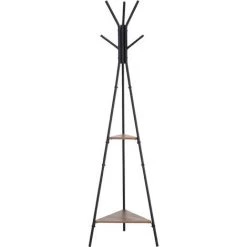 HOMCOM Porte-manteau Trépied Style Industriel Branches 2 étagères + 6 Patères Dim. 52L X 46l X 182H Cm Métal Noir Panneaux Particules Boisés