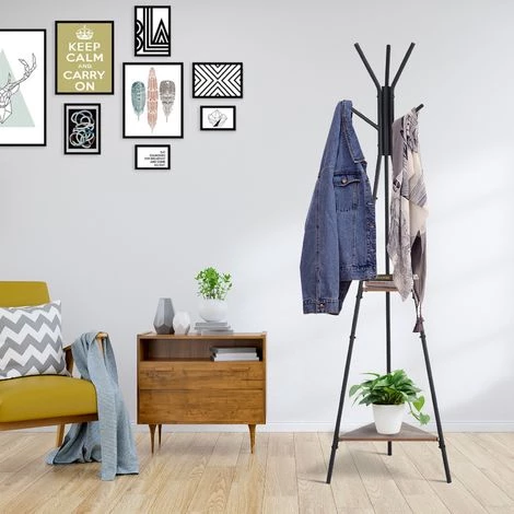 HOMCOM Porte-manteau Trépied Style Industriel Branches 2 étagères + 6 Patères Dim. 52L X 46l X 182H Cm Métal Noir Panneaux Particules Boisés 4 HOMCOM Porte-manteau Trépied Style Industriel Branches 2 étagères + 6 Patères Dim. 52L X 46l X 182H Cm Métal Noir Panneaux Particules Boisés – Image 2