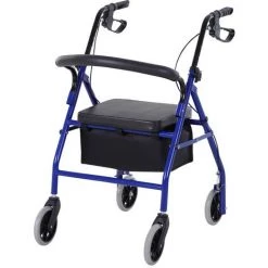 HOMCOM Déambulateur 4 Roues - Déambulateur Pliable Léger - Assise + Dossier Rembourré - Poignées Ergonomiques, Freins à Main - Panier Rangement - Métal Bleu - Bleu
