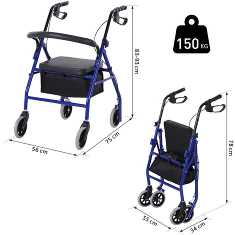 HOMCOM Déambulateur 4 Roues - Déambulateur Pliable Léger - Assise + Dossier Rembourré - Poignées Ergonomiques, Freins à Main - Panier Rangement - Métal Bleu - Bleu 5 HOMCOM Déambulateur 4 Roues - Déambulateur Pliable Léger - Assise + Dossier Rembourré - Poignées Ergonomiques, Freins à Main - Panier Rangement - Métal Bleu - Bleu – Image 3