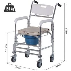 HOMCOM Chaise Percée à Roulettes - Fauteuil Roulant Percé - Chaise De Douche - Seau Amovible, Accoudoirs, Repose-pied - Acier Chromé HDPE Blanc - Blanc -France HOMCOM Soldes 2022 18252870 3