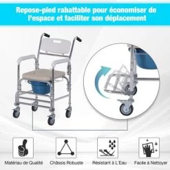 HOMCOM Chaise Percée à Roulettes - Fauteuil Roulant Percé - Chaise De Douche - Seau Amovible, Accoudoirs, Repose-pied - Acier Chromé HDPE Blanc - Blanc -France HOMCOM Soldes 2022 18252870 4