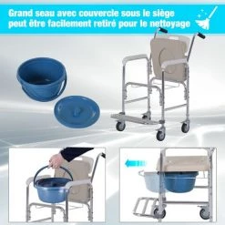 HOMCOM Chaise Percée à Roulettes - Fauteuil Roulant Percé - Chaise De Douche - Seau Amovible, Accoudoirs, Repose-pied - Acier Chromé HDPE Blanc - Blanc -France HOMCOM Soldes 2022 18252870 5