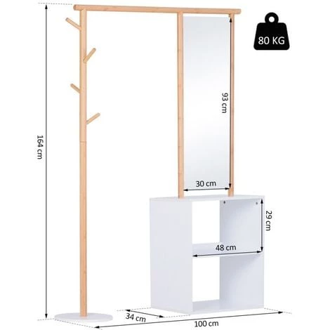 HOMCOM Porte-manteaux Meuble D'entrée Vestiaire Penderie Avec Miroir 4 Patères 2 Niches Dim. 100L X 34l X 164H Cm MDF Blanc Bois Massif Bambou - Blanc 5 HOMCOM Porte-manteaux Meuble D'entrée Vestiaire Penderie Avec Miroir 4 Patères 2 Niches Dim. 100L X 34l X 164H Cm MDF Blanc Bois Massif Bambou - Blanc – Image 3