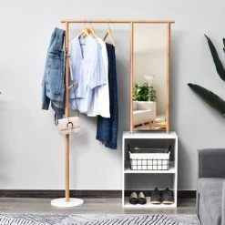 HOMCOM Porte-manteaux Meuble D'entrée Vestiaire Penderie Avec Miroir 4 Patères 2 Niches Dim. 100L X 34l X 164H Cm MDF Blanc Bois Massif Bambou - Blanc 10 HOMCOM Porte-manteaux Meuble D'entrée Vestiaire Penderie Avec Miroir 4 Patères 2 Niches Dim. 100L X 34l X 164H Cm MDF Blanc Bois Massif Bambou - Blanc -France HOMCOM Soldes 2022 18252878 4