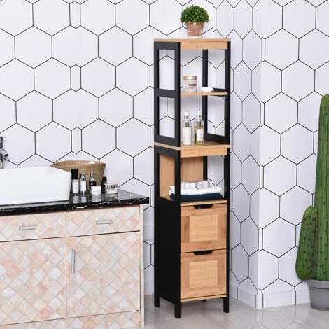 HOMCOM Meuble Colonne Rangement Salle De Bain Style Cosy Dim. 30L X 30l X 144H Cm 3 étagères 2 Tiroirs Bambou MDF Noir - Marron 4 HOMCOM Meuble Colonne Rangement Salle De Bain Style Cosy Dim. 30L X 30l X 144H Cm 3 étagères 2 Tiroirs Bambou MDF Noir - Marron – Image 2