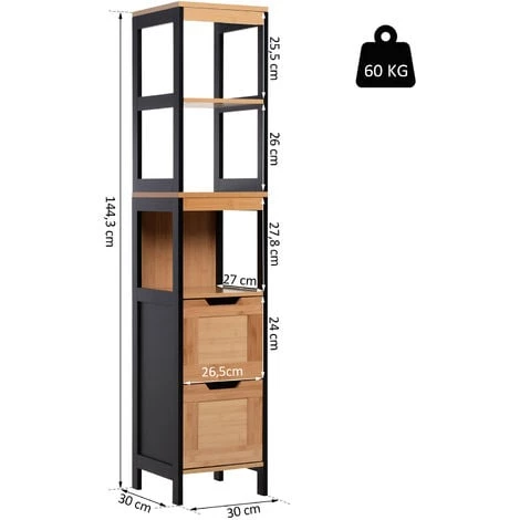 HOMCOM Meuble Colonne Rangement Salle De Bain Style Cosy Dim. 30L X 30l X 144H Cm 3 étagères 2 Tiroirs Bambou MDF Noir - Marron 5 HOMCOM Meuble Colonne Rangement Salle De Bain Style Cosy Dim. 30L X 30l X 144H Cm 3 étagères 2 Tiroirs Bambou MDF Noir - Marron – Image 3