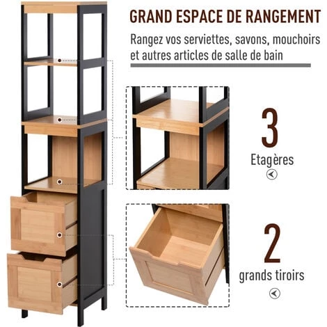 HOMCOM Meuble Colonne Rangement Salle De Bain Style Cosy Dim. 30L X 30l X 144H Cm 3 étagères 2 Tiroirs Bambou MDF Noir - Marron 6 HOMCOM Meuble Colonne Rangement Salle De Bain Style Cosy Dim. 30L X 30l X 144H Cm 3 étagères 2 Tiroirs Bambou MDF Noir - Marron – Image 4