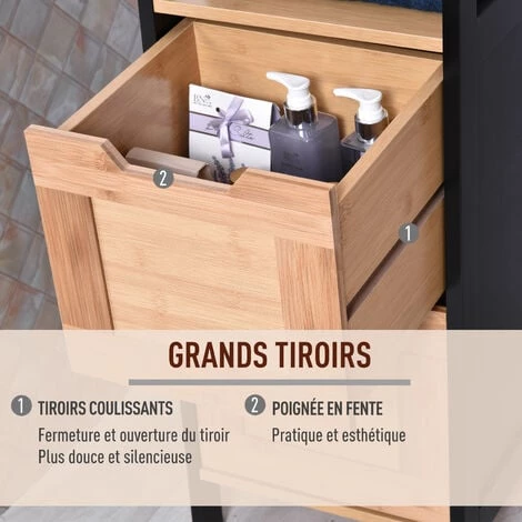 HOMCOM Meuble Colonne Rangement Salle De Bain Style Cosy Dim. 30L X 30l X 144H Cm 3 étagères 2 Tiroirs Bambou MDF Noir - Marron 7 HOMCOM Meuble Colonne Rangement Salle De Bain Style Cosy Dim. 30L X 30l X 144H Cm 3 étagères 2 Tiroirs Bambou MDF Noir - Marron – Image 5
