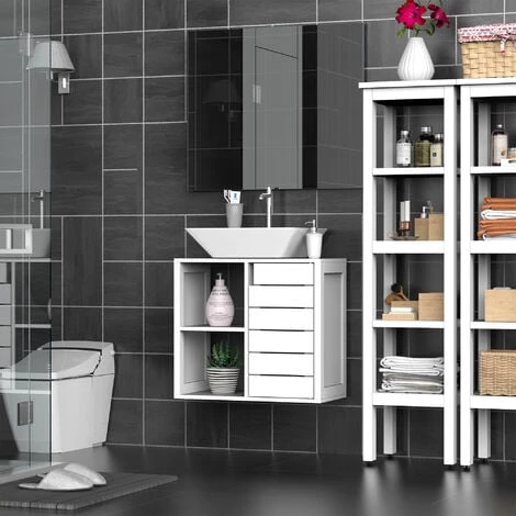 HOMCOM Meuble Salle De Bain Mural - Meuble Sous-vasque - Placard 1 Porte Avec étagère - Double Niche - Dim. 60L X 30l X 54H Cm - MDF Blanc 4 HOMCOM Meuble Salle De Bain Mural - Meuble Sous-vasque - Placard 1 Porte Avec étagère - Double Niche - Dim. 60L X 30l X 54H Cm - MDF Blanc – Image 2