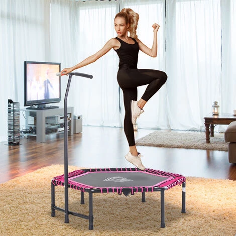HOMCOM Trampoline De Fitness / Gymnastique Haute Performance Ø 122 Cm élastiques Bungee + Guidon Hauteur Réglable 122-138 Cm Rose Noir - Rose 4 HOMCOM Trampoline De Fitness / Gymnastique Haute Performance Ø 122 Cm élastiques Bungee + Guidon Hauteur Réglable 122-138 Cm Rose Noir - Rose – Image 2
