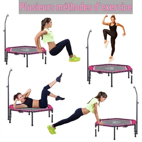 HOMCOM Trampoline De Fitness / Gymnastique Haute Performance Ø 122 Cm élastiques Bungee + Guidon Hauteur Réglable 122-138 Cm Rose Noir - Rose 7 HOMCOM Trampoline De Fitness / Gymnastique Haute Performance Ø 122 Cm élastiques Bungee + Guidon Hauteur Réglable 122-138 Cm Rose Noir - Rose – Image 5