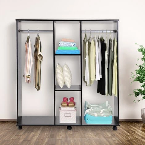 HOMCOM Armoire Penderie Meuble De Rangement En Panneau De Particule Mobile Avec 6 Roulettes Sans Porte 120x40x128cm Noir - Noir 4 HOMCOM Armoire Penderie Meuble De Rangement En Panneau De Particule Mobile Avec 6 Roulettes Sans Porte 120x40x128cm Noir - Noir – Image 2