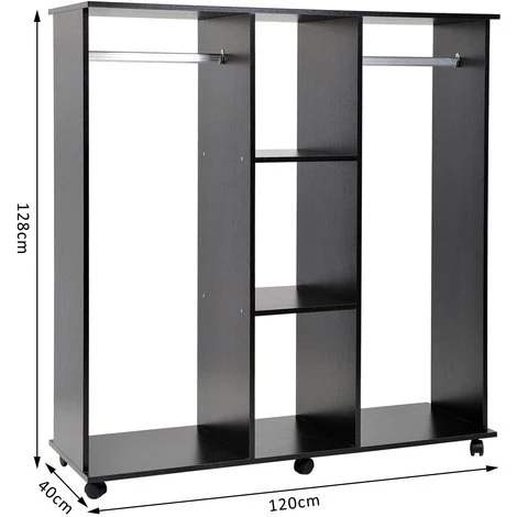 HOMCOM Armoire Penderie Meuble De Rangement En Panneau De Particule Mobile Avec 6 Roulettes Sans Porte 120x40x128cm Noir - Noir 5 HOMCOM Armoire Penderie Meuble De Rangement En Panneau De Particule Mobile Avec 6 Roulettes Sans Porte 120x40x128cm Noir - Noir – Image 3