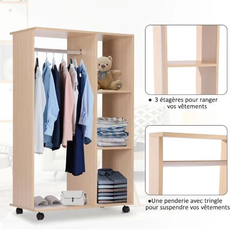 HOMCOM Armoire Penderie Armoire De Rangement Mobile Panneaux De Particules Coloris Chêne Clair - Blanc 6 HOMCOM Armoire Penderie Armoire De Rangement Mobile Panneaux De Particules Coloris Chêne Clair - Blanc – Image 4