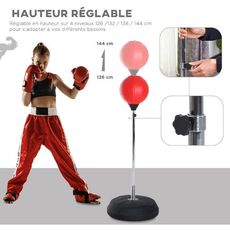 HOMCOM Punching Ball Sur Pied Réglable En Hauteur 126-144 Cm Avec Gants, Pompe Et Base De Lestage Rouge 6 HOMCOM Punching Ball Sur Pied Réglable En Hauteur 126-144 Cm Avec Gants, Pompe Et Base De Lestage Rouge – Image 4