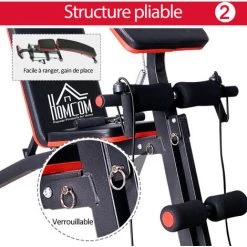 HOMCOM Banc De Musculation Pliable Inclinable Réglable 160L X 53l X 106H Cm Sangles élastiques + Support Haltères Inclus Acier Noir Rouge -France HOMCOM Soldes 2022 19657283 5
