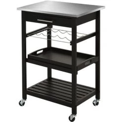 HOMCOM Chariot De Service Desserte De Cuisine à Roulettes Multi-rangements 60L X 40l X 85H Cm Plateau Acier Inox. MDF Pin Noir