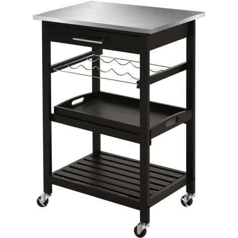 HOMCOM Chariot De Service Desserte De Cuisine à Roulettes Multi-rangements 60L X 40l X 85H Cm Plateau Acier Inox. MDF Pin Noir 3 HOMCOM Chariot De Service Desserte De Cuisine à Roulettes Multi-rangements 60L X 40l X 85H Cm Plateau Acier Inox. MDF Pin Noir