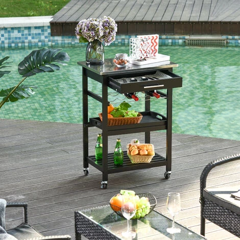 HOMCOM Chariot De Service Desserte De Cuisine à Roulettes Multi-rangements 60L X 40l X 85H Cm Plateau Acier Inox. MDF Pin Noir 4 HOMCOM Chariot De Service Desserte De Cuisine à Roulettes Multi-rangements 60L X 40l X 85H Cm Plateau Acier Inox. MDF Pin Noir – Image 2