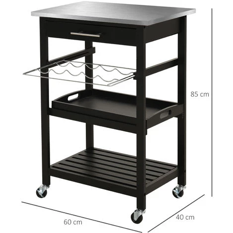 HOMCOM Chariot De Service Desserte De Cuisine à Roulettes Multi-rangements 60L X 40l X 85H Cm Plateau Acier Inox. MDF Pin Noir 5 HOMCOM Chariot De Service Desserte De Cuisine à Roulettes Multi-rangements 60L X 40l X 85H Cm Plateau Acier Inox. MDF Pin Noir – Image 3