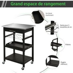 HOMCOM Chariot De Service Desserte De Cuisine à Roulettes Multi-rangements 60L X 40l X 85H Cm Plateau Acier Inox. MDF Pin Noir 10 HOMCOM Chariot De Service Desserte De Cuisine à Roulettes Multi-rangements 60L X 40l X 85H Cm Plateau Acier Inox. MDF Pin Noir -France HOMCOM Soldes 2022 19917405 4