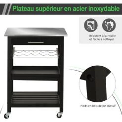 HOMCOM Chariot De Service Desserte De Cuisine à Roulettes Multi-rangements 60L X 40l X 85H Cm Plateau Acier Inox. MDF Pin Noir 11 HOMCOM Chariot De Service Desserte De Cuisine à Roulettes Multi-rangements 60L X 40l X 85H Cm Plateau Acier Inox. MDF Pin Noir -France HOMCOM Soldes 2022 19917405 5