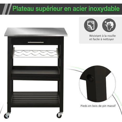 HOMCOM Chariot De Service Desserte De Cuisine à Roulettes Multi-rangements 60L X 40l X 85H Cm Plateau Acier Inox. MDF Pin Noir 7 HOMCOM Chariot De Service Desserte De Cuisine à Roulettes Multi-rangements 60L X 40l X 85H Cm Plateau Acier Inox. MDF Pin Noir – Image 5