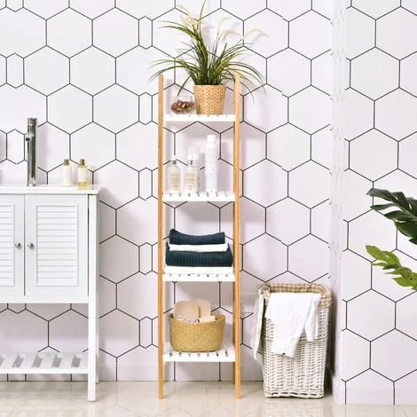 HOMCOM Etagère En Bambou De Salle De Bain 4 Niveaux à Lattes Dim. 35L X 36l X 138H Cm Bois Pin Blanc - Blanc 4 HOMCOM Etagère En Bambou De Salle De Bain 4 Niveaux à Lattes Dim. 35L X 36l X 138H Cm Bois Pin Blanc - Blanc – Image 2