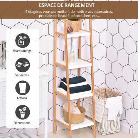 HOMCOM Etagère En Bambou De Salle De Bain 4 Niveaux à Lattes Dim. 35L X 36l X 138H Cm Bois Pin Blanc - Blanc 6 HOMCOM Etagère En Bambou De Salle De Bain 4 Niveaux à Lattes Dim. 35L X 36l X 138H Cm Bois Pin Blanc - Blanc – Image 4