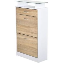 HOMCOM Armoire à Chaussures Organisateur De Luxe Pour Chaussures 2 Portes Abattantes 2 Compartiments, Tiroir, étagère Verre Panneaux Particules Chêne Blanc