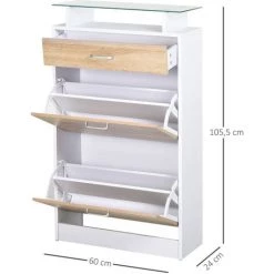 HOMCOM Armoire à Chaussures Organisateur De Luxe Pour Chaussures 2 Portes Abattantes 2 Compartiments, Tiroir, étagère Verre Panneaux Particules Chêne Blanc -France HOMCOM Soldes 2022 20066362 3